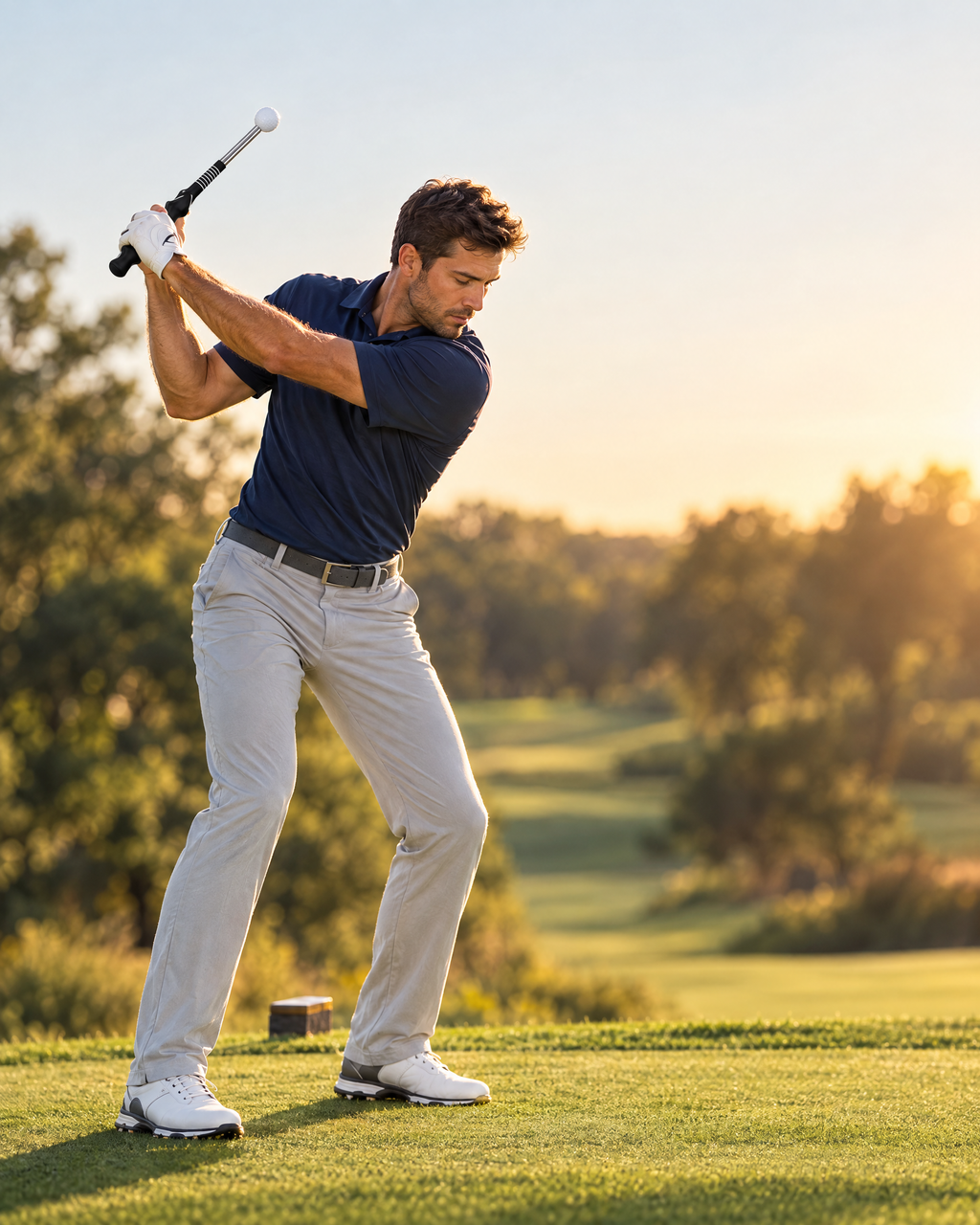 Golfer swinging the tempo trainer on the course