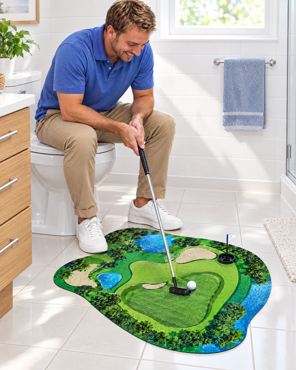 Man playing the toilet putting game in a bathroom