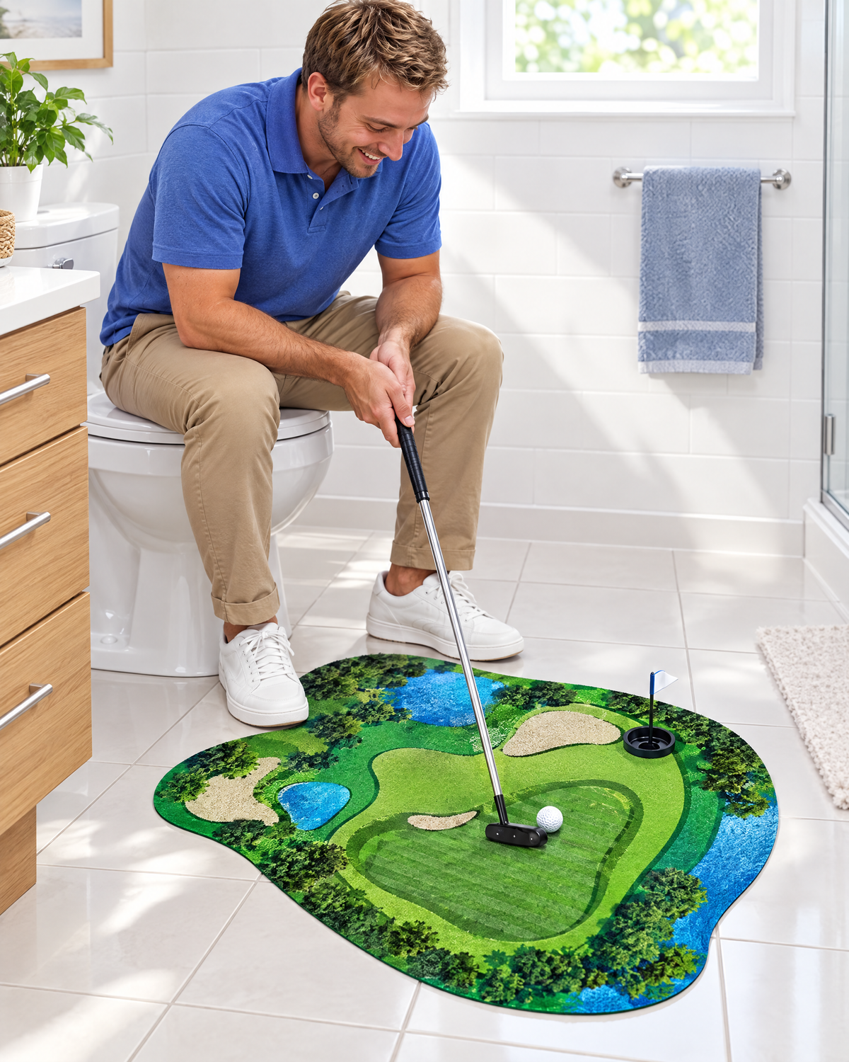 Man playing the toilet putting game in a bathroom