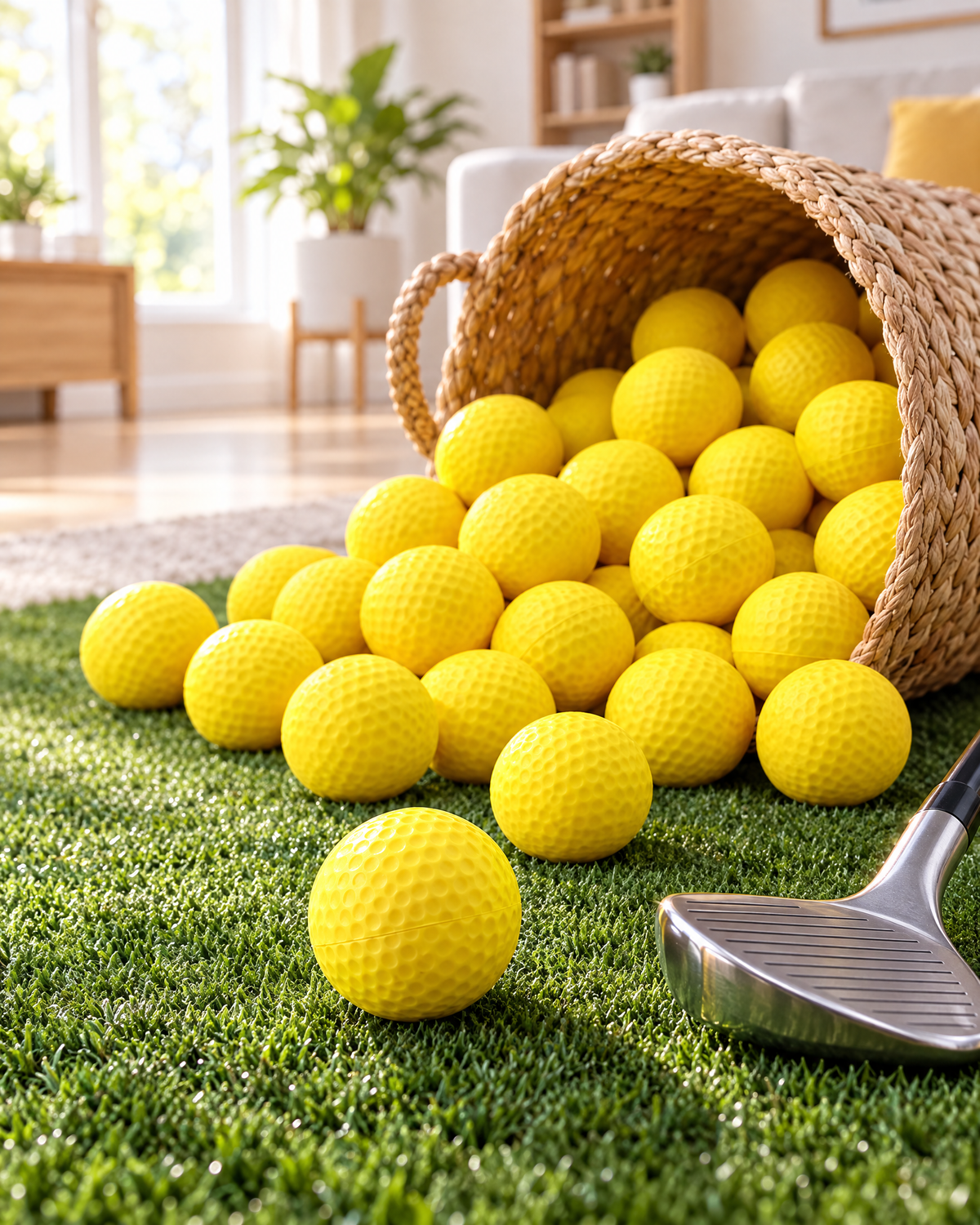 Foam practice balls spilling from a basket indoors