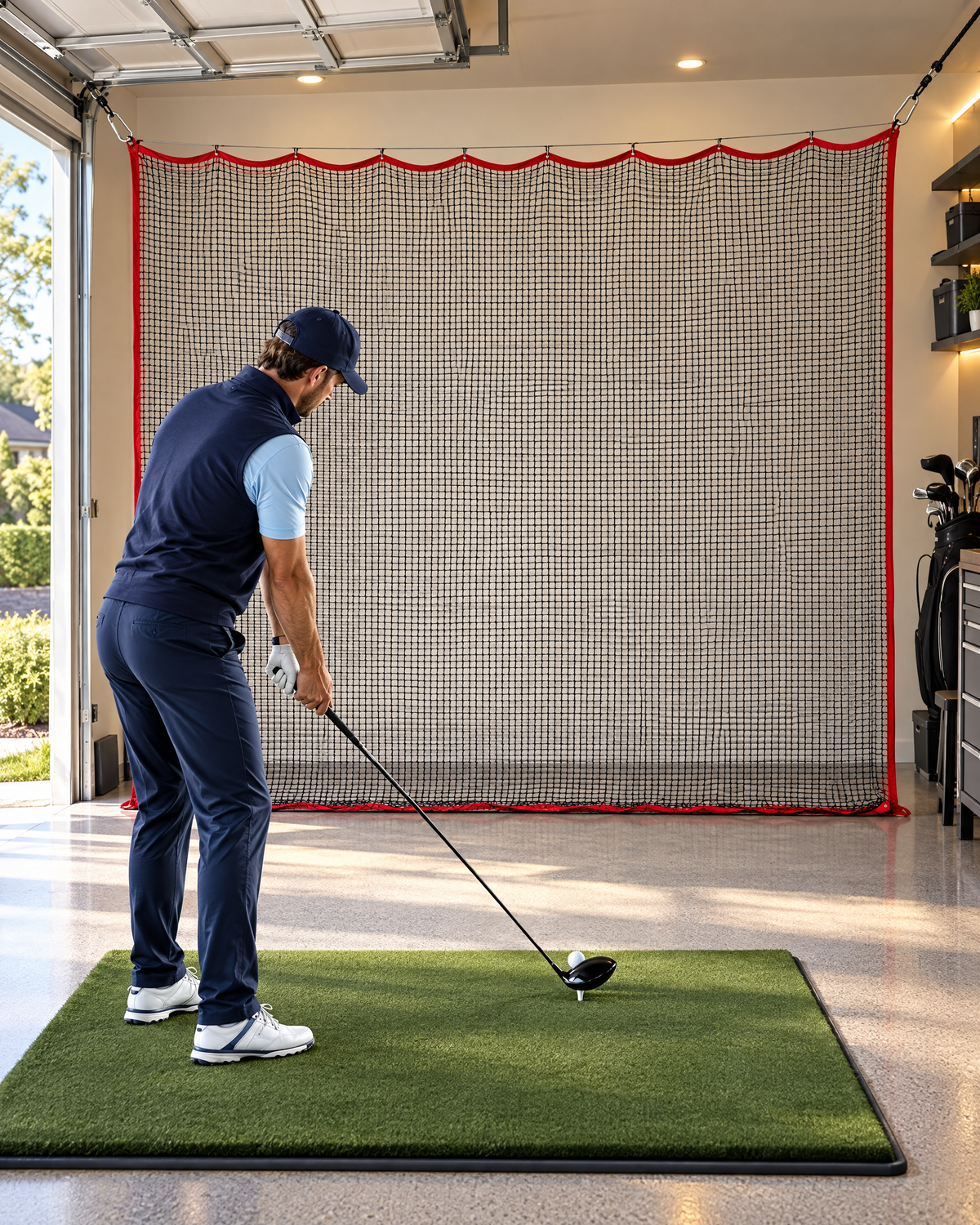 Golfer practicing into the net in a home garage