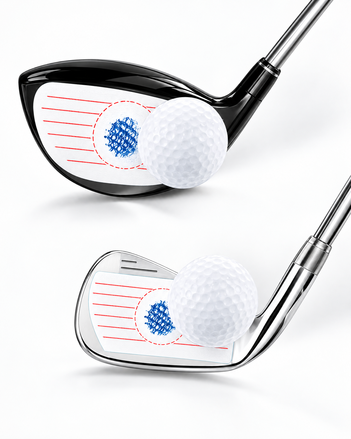 Impact labels on a driver and an iron face showing strike marks