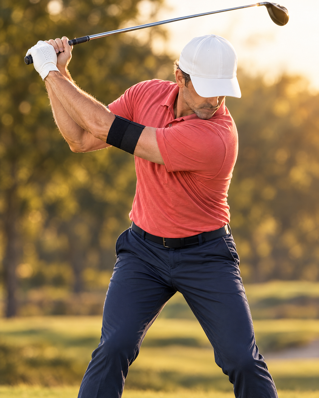 Golfer wearing the posture band at the top of the backswing