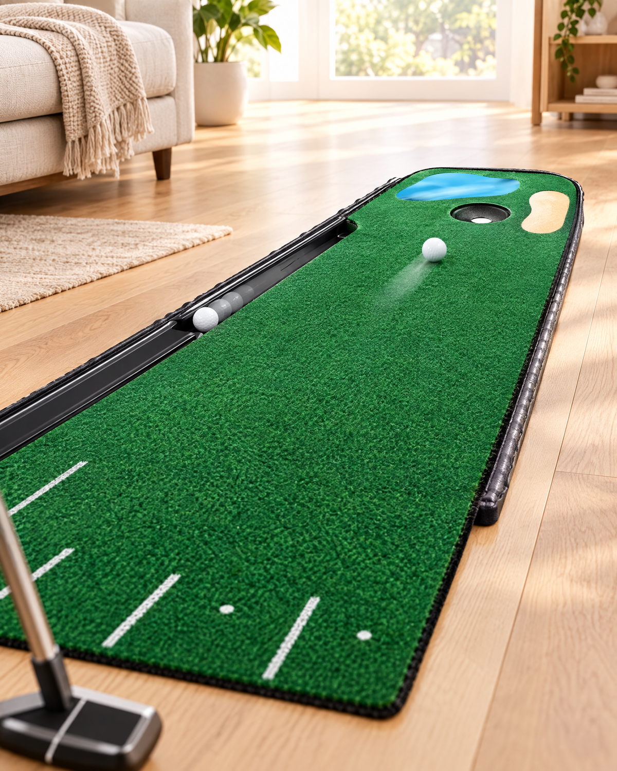 Putting mat laid out in a bright living room with a ball rolling to the cup