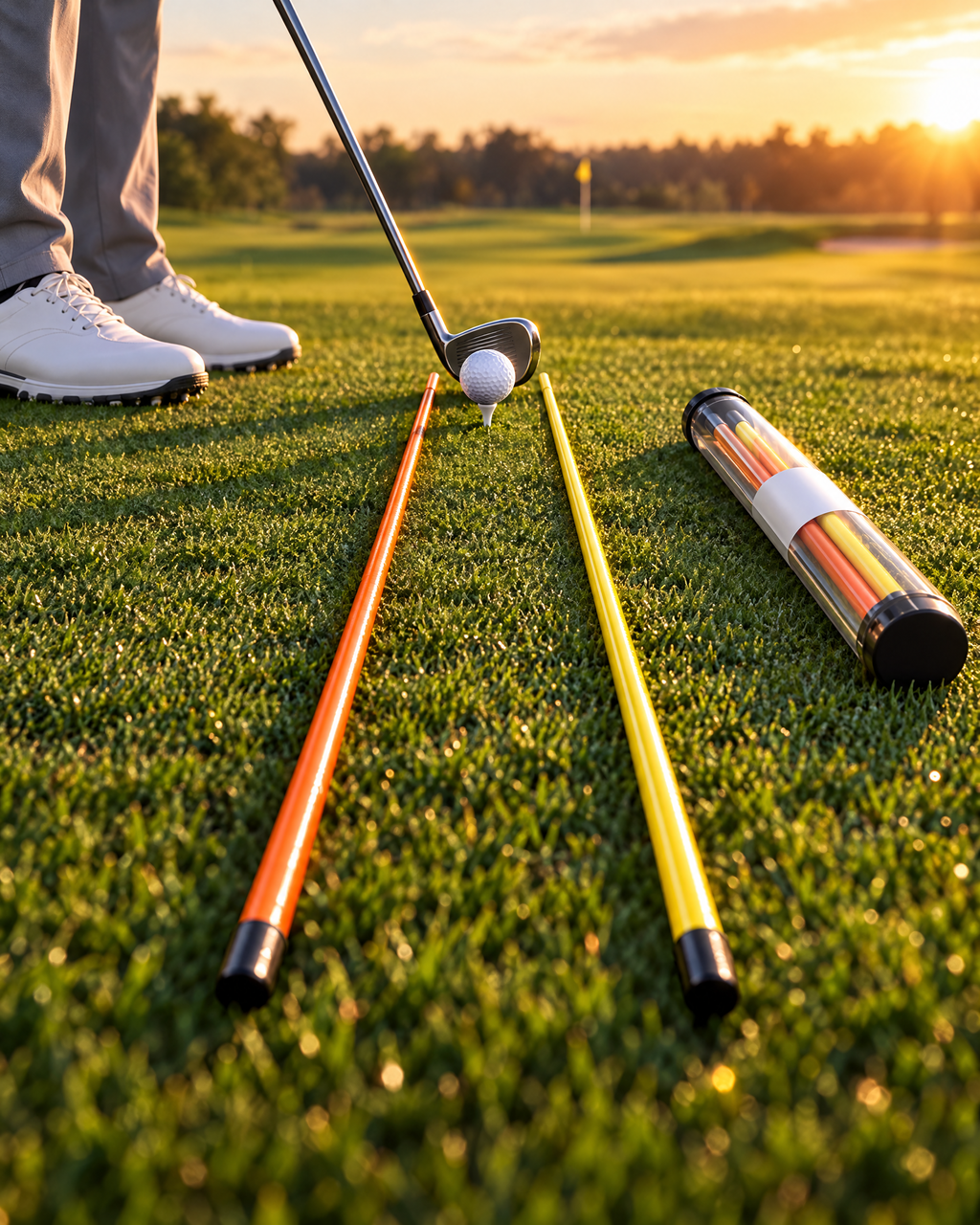 Alignment sticks laid on the range pointing at the target