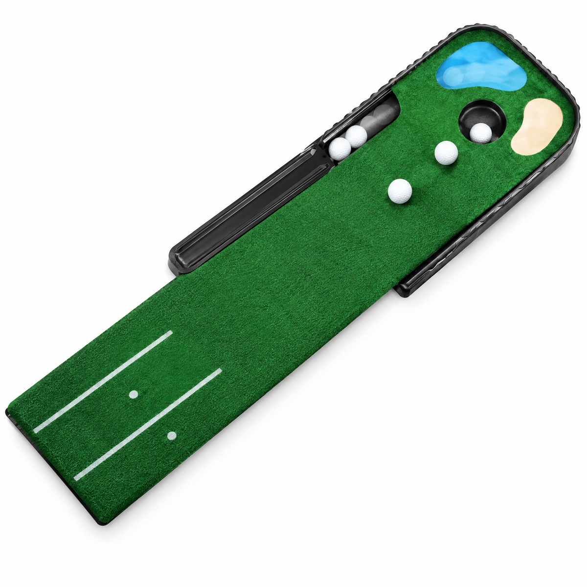 Indoor putting mat with automatic ball return